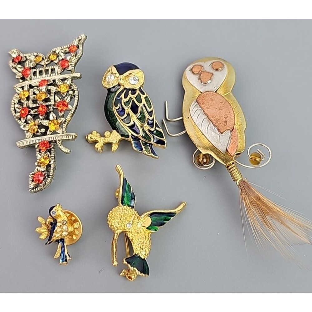 Vintage Owl Bird Brooch Gold Tone Enamel Rhinestone Copper Lot of 5 Avians